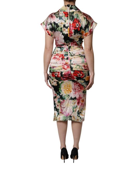 Dolce & Gabbana Red Floral Short Sleeves Sheath Midi Dress