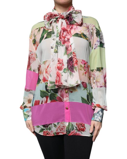 Dolce & Gabbana Pink Floral Patchwork Ascot Collar Top