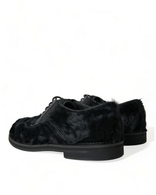 Dolce & Gabbana Black Fur Leather Lace Up Derby Dress Shoes for men