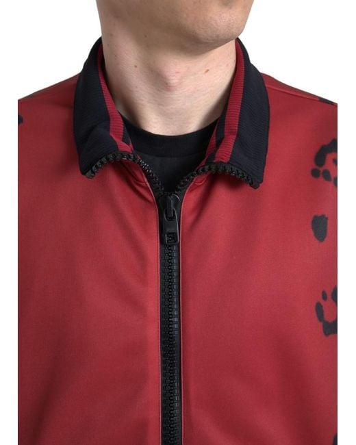 Dolce & Gabbana Red Leopard Polyester Bomber Full Zip Jacket for men