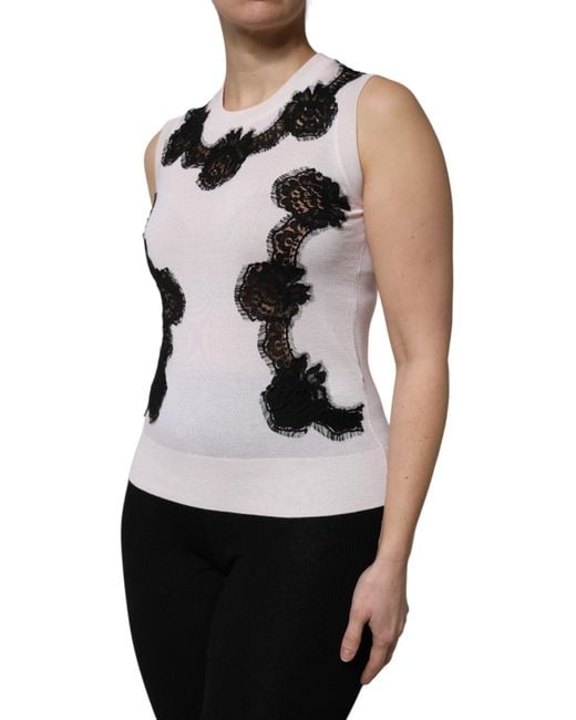Dolce & Gabbana White Cashmere Floral Lace Detailing Tank Top