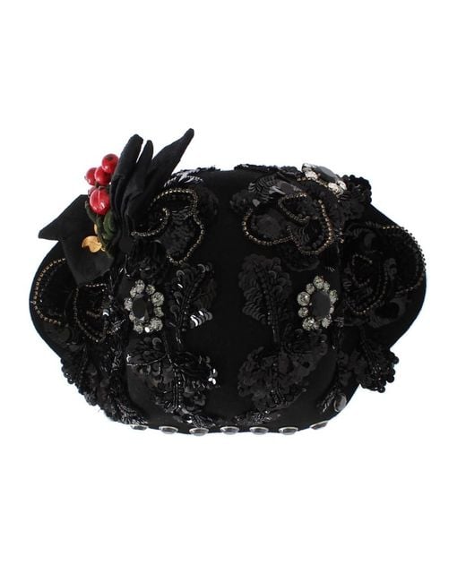 Dolce & Gabbana Black Crystal Cherries Brooch Hat