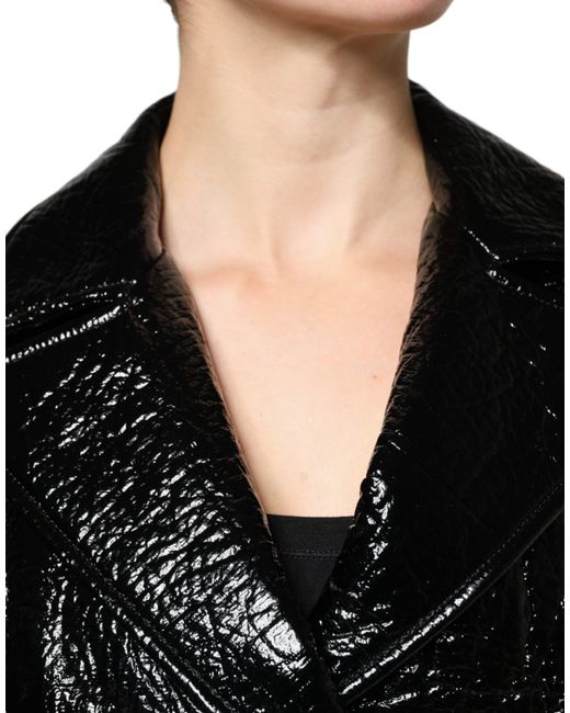 Dolce & Gabbana Black Leather Cropped Long Sleeve Coat Jacket