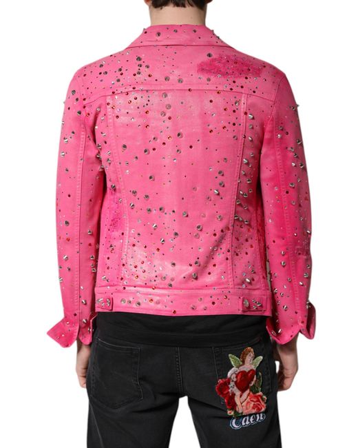 Dolce & Gabbana Pink Denim Jacket Crystal Studded for men
