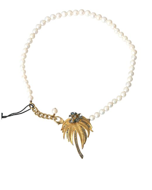 Dolce & Gabbana Metallic Brass Crystal Pearl Tree Pendant Charm Necklace