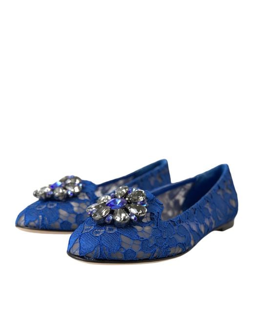 Dolce & Gabbana Blue Lace Crystal Ballet Flats Loafers Shoes
