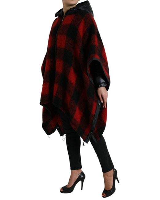 Dolce & Gabbana Red Buffalo Check Hooded Poncho Jacket