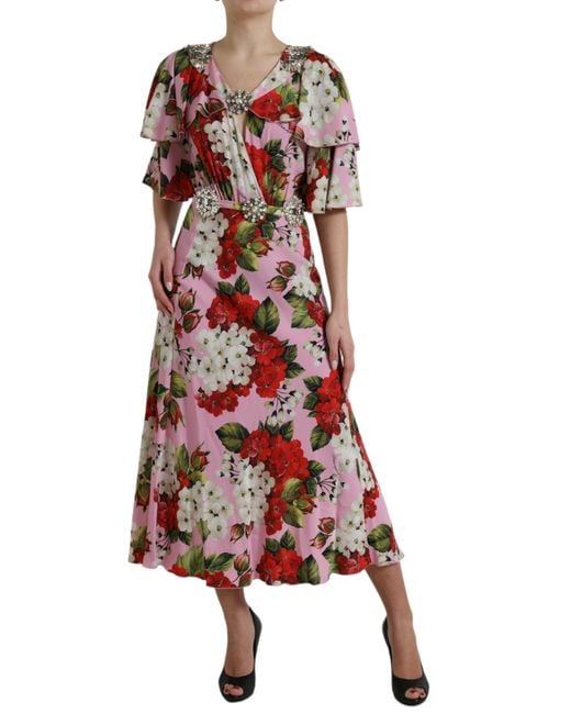Dolce & Gabbana Red Floral Crystal Embellished A-Line Dress