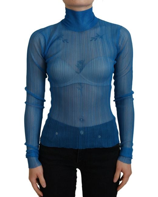Dolce & Gabbana Blue Mesh Turtleneck Long Sleeve Blouse Top
