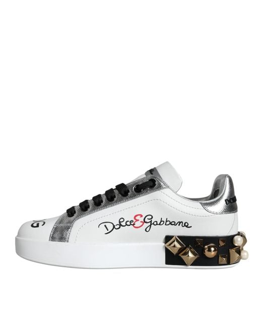 Dolce & Gabbana Black Leather Floral Studded Sneakers Shoes