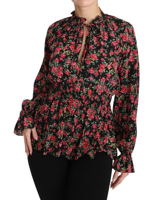 Dolce & Gabbana Black Pussy-bow Ruffled Floral-print Silk-chiffon Blouse