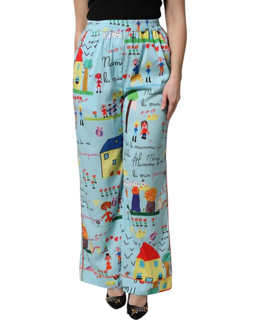 Dolce & Gabbana Blue Drawing Mid Waist Wide Leg Pants