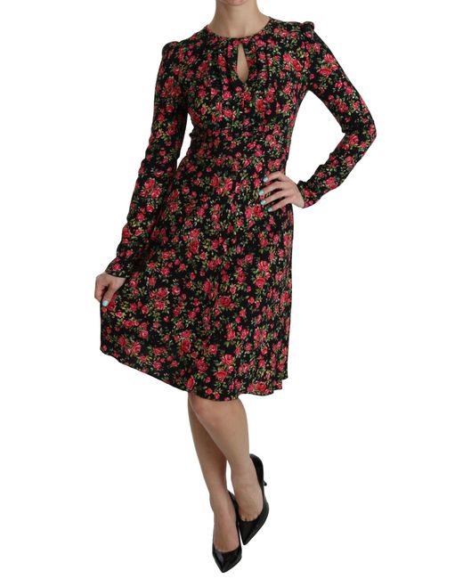 Dolce & Gabbana Black Floral Longsleeve Knee Length Dress