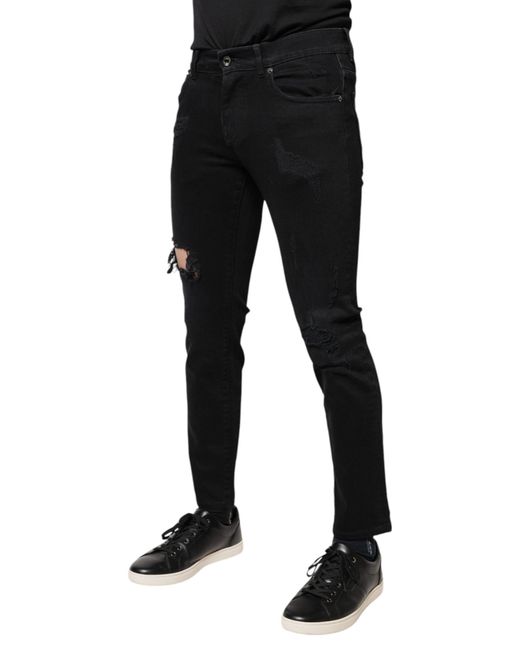 Dolce & Gabbana Black Cotton Tattered Skinny Denim Logo Jeans for men