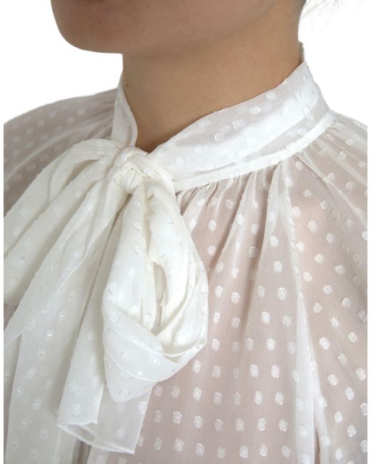 Dolce & Gabbana Gray Silk Sheer Tied Neck Polka Dots Blouse