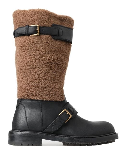 Dolce & Gabbana Black Leather Shearling Boots Elastane for men