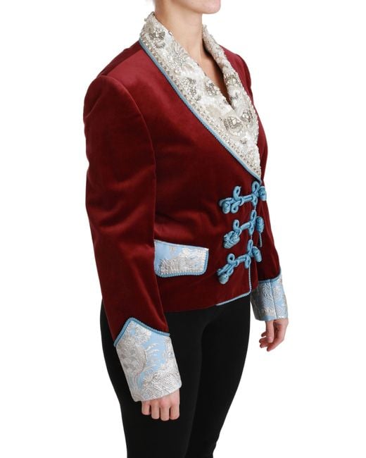 Dolce & Gabbana Red Velvet Baroque Crystal Blazer Jacket