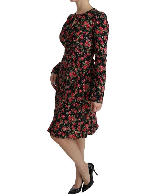 Dolce & Gabbana Black Floral Longsleeve Knee Length Dress