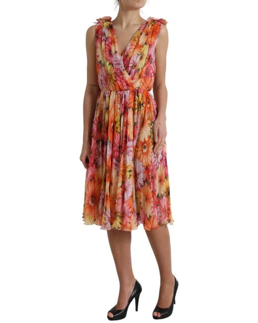 Dolce & Gabbana Red Sunflower Print Silk Midi Dress