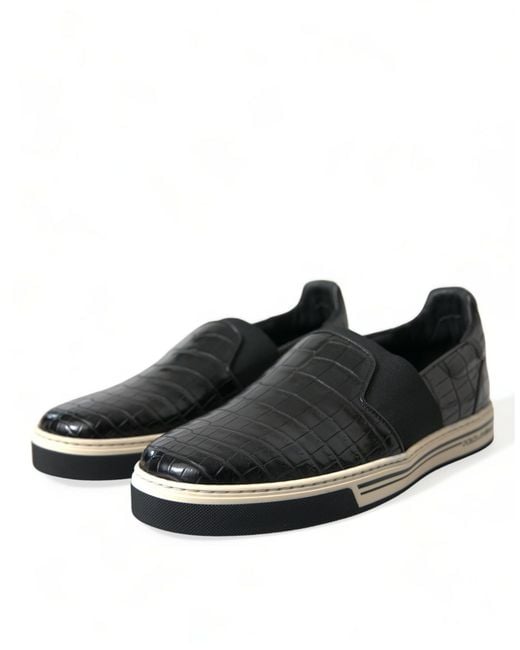Dolce & Gabbana Black Rome Slip-on Sneakers In Crocodile Leather for men