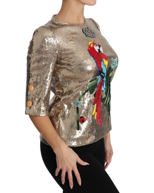 Dolce & Gabbana Brown Sequined Parrot Crystal Blouse Elastane