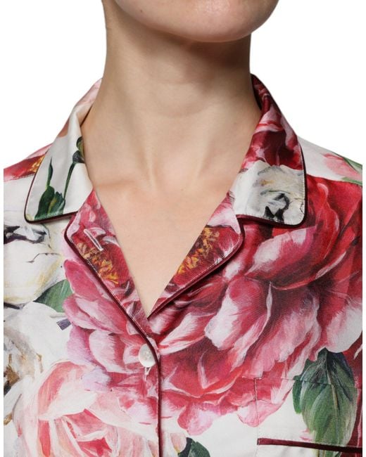 Dolce & Gabbana Gray Peony Silk Long Sleeves Collared Blouse Top