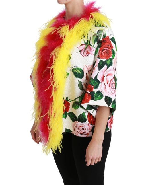 Dolce & Gabbana White Floral Coat Capte Fur Roses Jacket