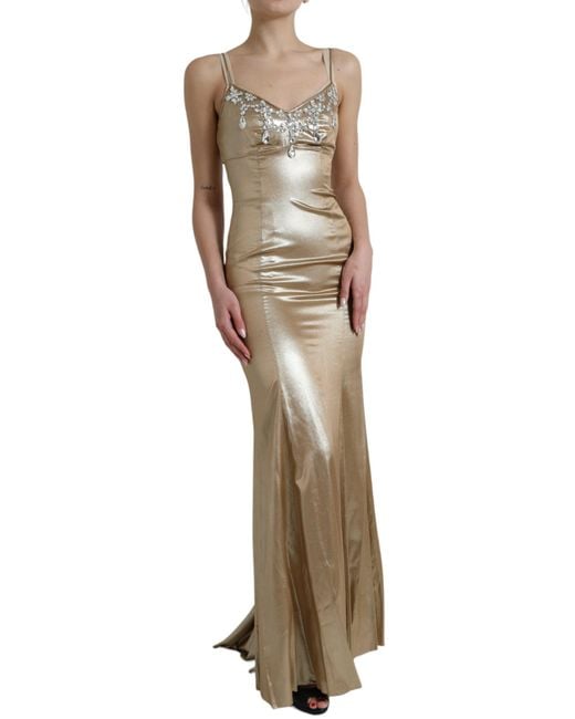 Dolce & Gabbana Natural Metallic Gold Crystal Embellished Gown Dress