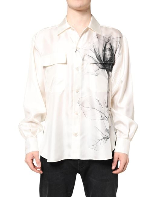 Dolce & Gabbana White Ivory Silk Long Sleeves Casual Shirt for men