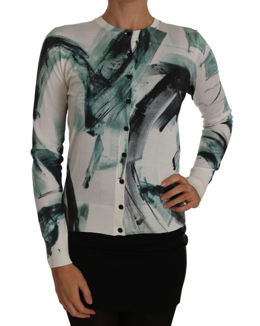 Dolce & Gabbana Gray White Silk Cardigan Lightweight Paint Stroke Sweater