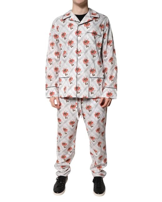 Dolce & Gabbana White Floral Print Cotton Pajama Set Sleepwear for men