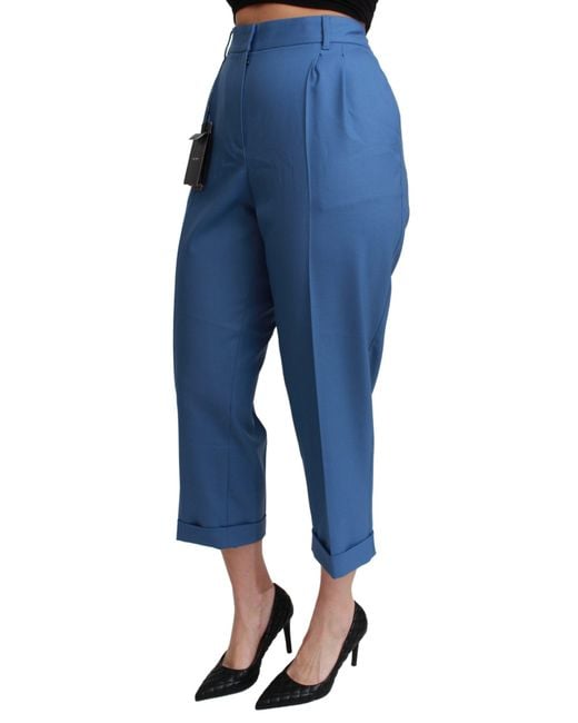 Dolce & Gabbana Blue Pleated Wool Cuffed Cropped Trouser Pants