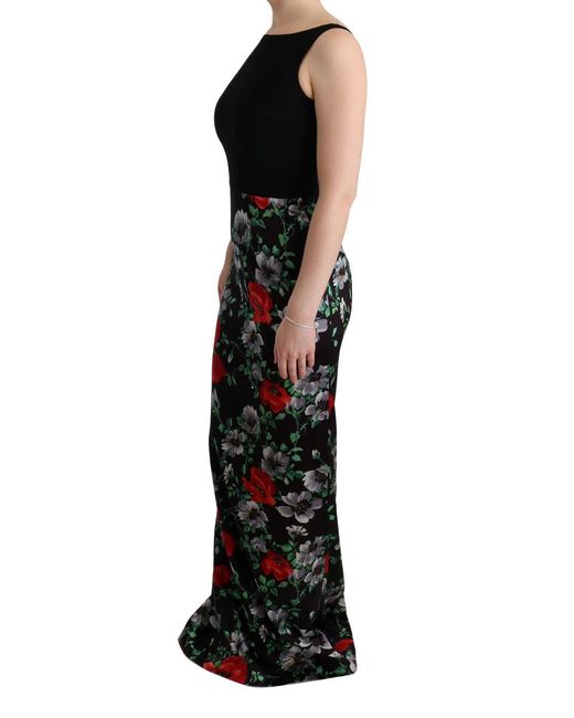 Dolce & Gabbana Black Floral Print Stretch Sheath Long Dress