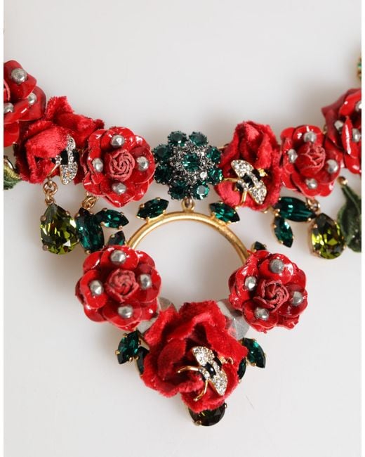 Dolce & Gabbana Red Rose Floral Crystal Embellished Statement Jewelry Necklace