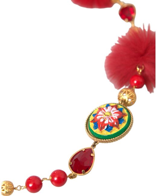 Dolce & Gabbana Red Brass Fur Crystal Carretto Chain Necklace
