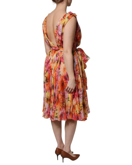 Dolce & Gabbana Red Floral Silk V-Neck Chiffon Dress