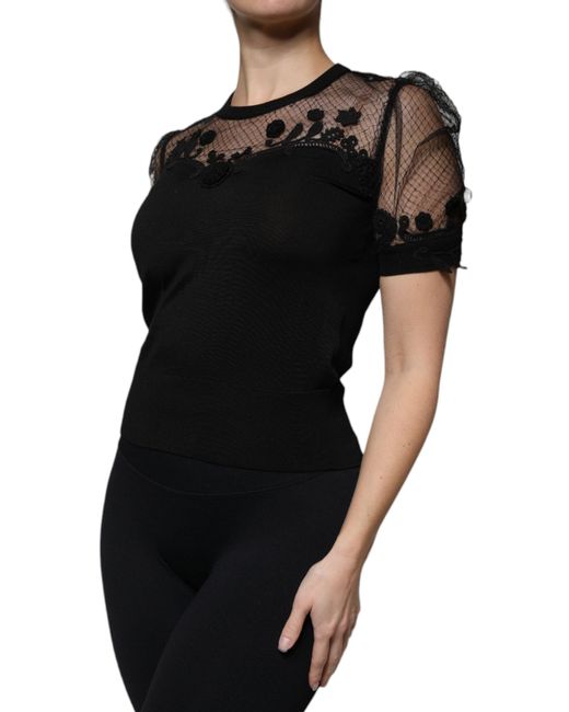 Dolce & Gabbana Black Floral Lace Short Sleeves Blouse Top