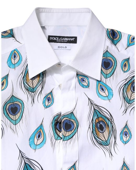 Dolce & Gabbana White Cotton Feather Print Dress Shirt for men