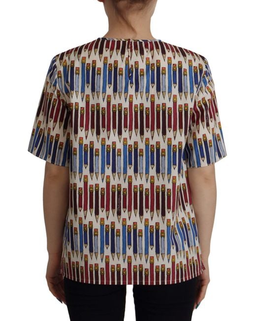 Dolce & Gabbana Black Pencil Print Cotton T-Shirt Blouse