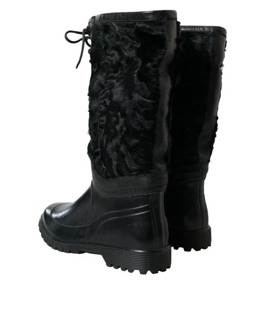 Dolce & Gabbana Black Rubber Lace Up Shearling Rain Boots Shoes for men