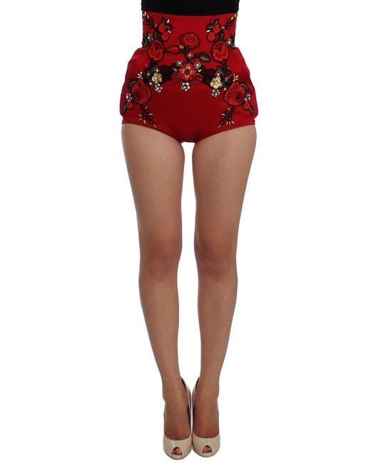 Dolce & Gabbana Red Silk Crystal Roses Shorts