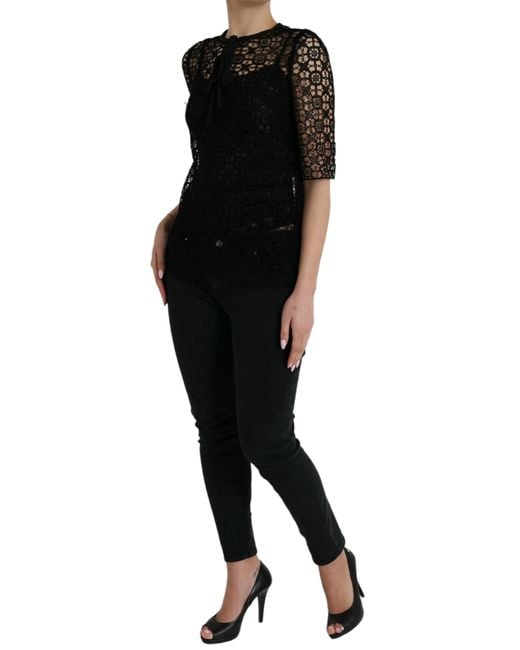 Dolce & Gabbana Black Floral Lace Short Sleeves Blouse Top