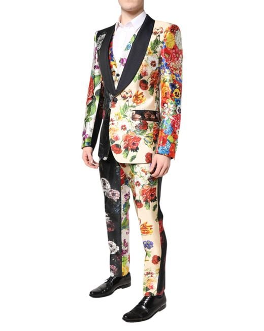 Dolce & Gabbana Black Floral Sicilia Silk 3 Piece Suit for men