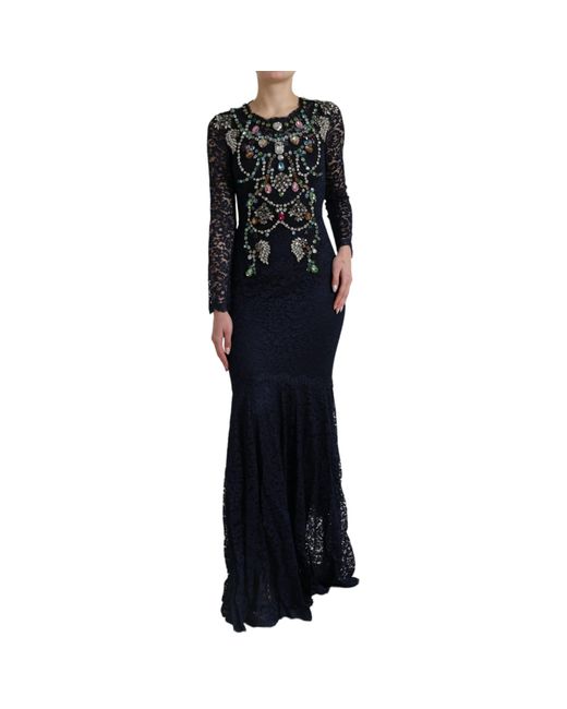 Dolce & Gabbana Black Dolce Gabbana Crystal Floral Lace Long Gown Dress