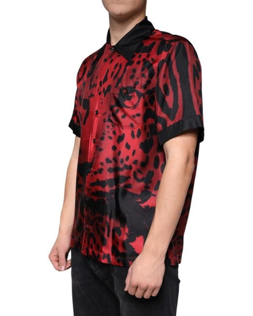 Dolce & Gabbana Red Leopard Silk Button Down Casual Shirt for men