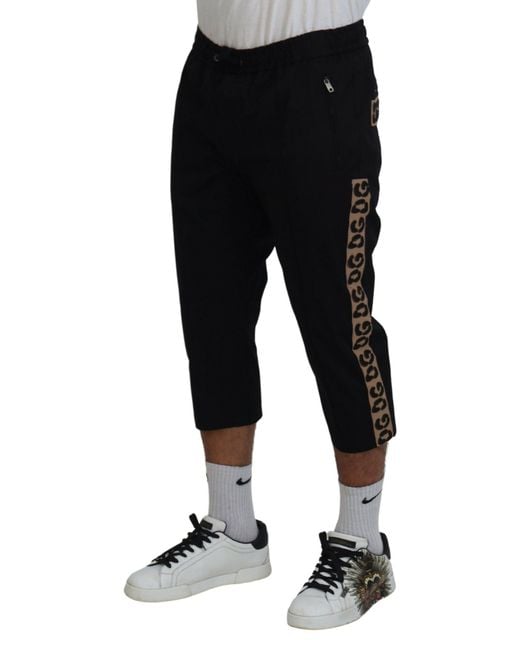 Dolce & Gabbana Black Cotton Elastic Waist Dg Logo Cropped Pants for men