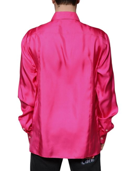 Dolce & Gabbana Pink Silk Collared Button Down Shirt for men