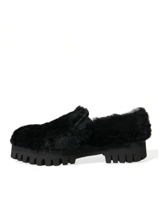 Dolce & Gabbana Black Fur Leather Slippers Dress Shoes for men