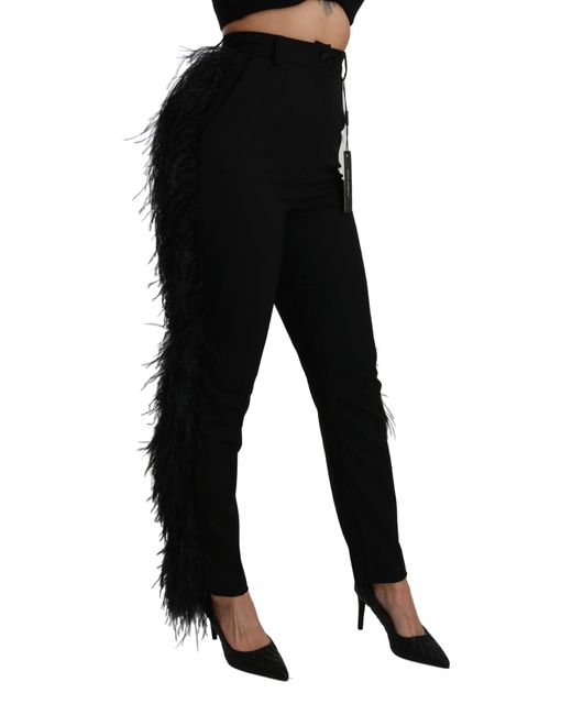 Dolce & Gabbana Black Feather Straight High Waist Wool Pants