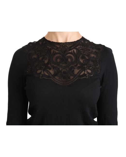 Dolce & Gabbana Black Silk Lace Crew Neck Long Sleeve Blouse